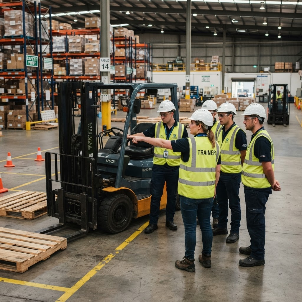 Bir depoda forklift operatör eğitimi alan işçiler